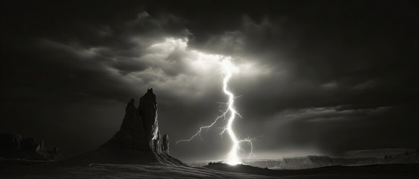 Dramatic Lightning Strike over Desert Landscape in Monochrome; Wide Angle View of Monument Valley During Storm - Powered by Adobe