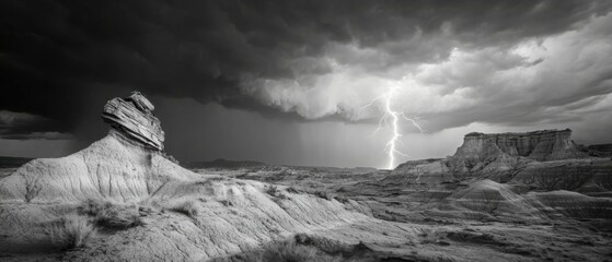 Dramatic Lightning Strikes Over Arid Badlands Landscape Black and White Panoramic View Weather Event Nature Photography