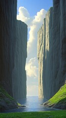Serene Canyon View with Towering Cliffs and Calm Water Reflecting Sky; Vertical Landscape Perspective