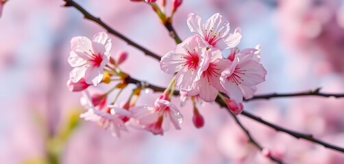 Obraz premium Delicate pink cherry blossoms, glistening dewdrops, soft-focus background, image, close-up