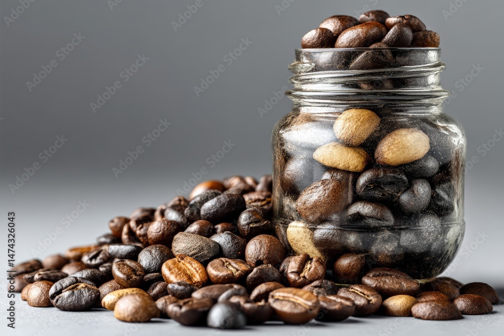 Poster coffee beans in a glass jar and scattered on a surface with a neutral background