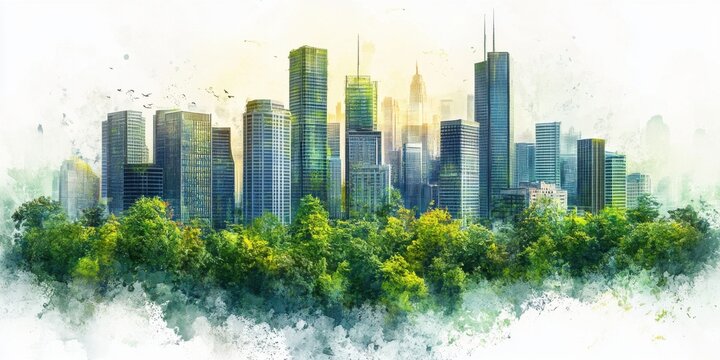 Watercolor Cityscape with Lush Greenery and Warm Light