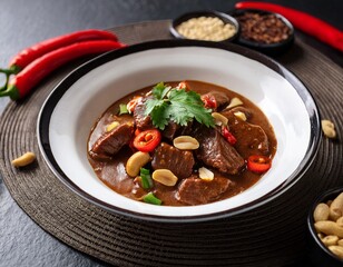 rich and savory beef stew with peanuts and chili peppers in a dark brown sauce