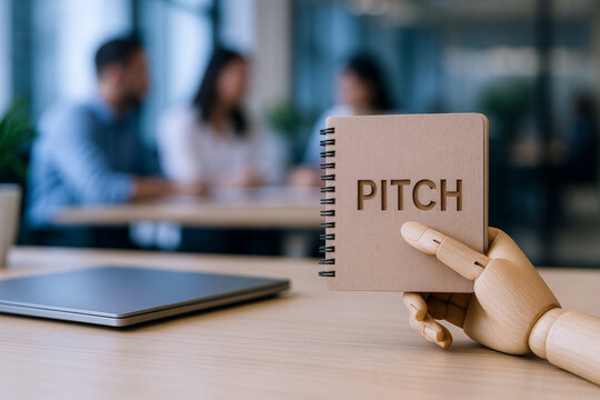 Entrepreneurship and startups thrive as wooden hand holds pitch notebook in modern office inspiring innovation and teamwork