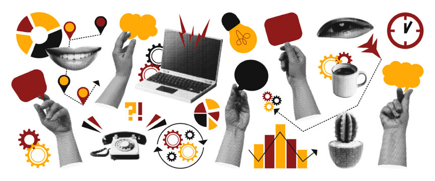 Trendy halftone collage cutout business design elements. Business analysis, report. Retro vector compositions.
