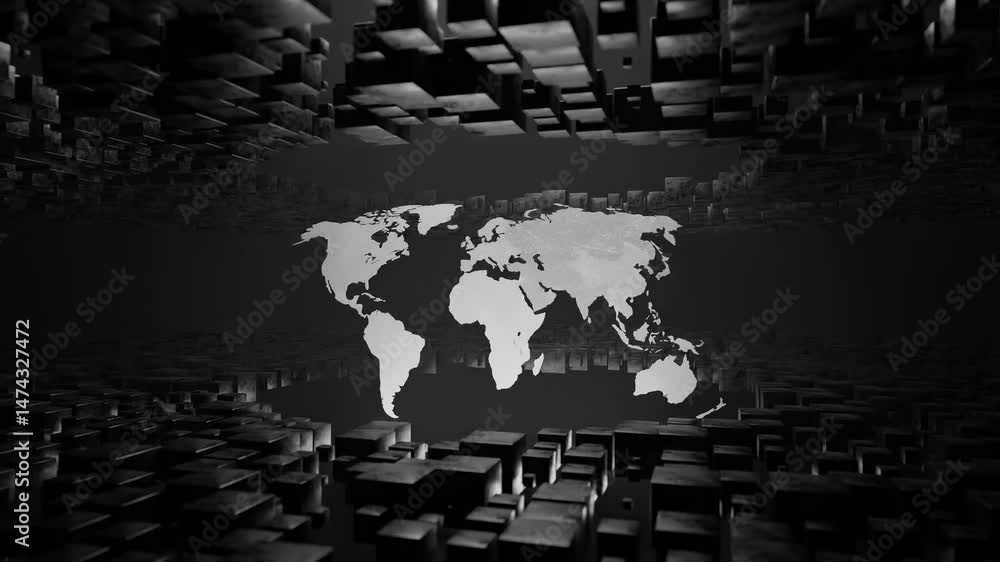 Poster digital world map surrounded by floating black 3d cubes in virtual space. futuristic abstract illust