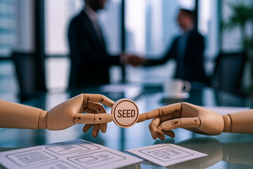 Entrepreneurship and startups concept with wooden hands exchanging seed funding in modern office environment