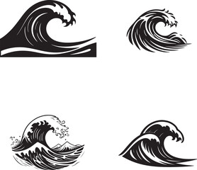 Obraz premium Minimalist black and white wave pattern, Japanese woodblock style, stylized ocean flow design, vector illustration, abstract aquatic motion, high contrast, smooth flowing lines, tattoo-style waves, cl