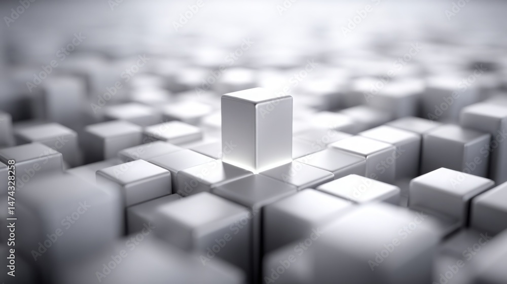 Poster a simple white cube positioned in a room highlighting the concept of identifying missing pieces and 