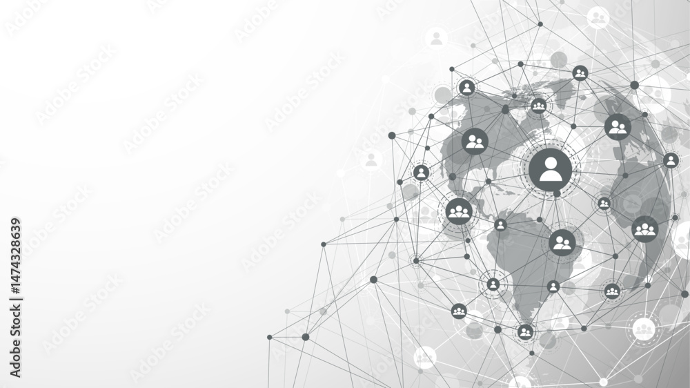 Poster Global network connection concept. Big data visualization. Social network communication in the global computer networks. Internet technology. Business. Science. Vector illustration