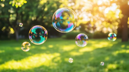 Colorful soap bubbles floating in natural light, dreamy outdoor scene with iridescent reflections on grass.