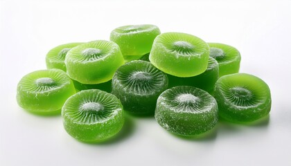 photography of vibrant green kiwi fruit candies on plain white white background