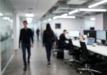 Blurred view of people walking in a modern office hallway with workstations