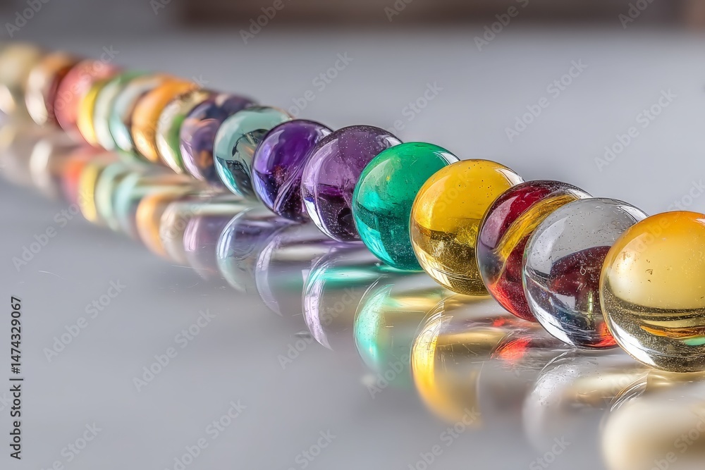 Poster colorful glass marbles arranged in a row reflecting light on a smooth surface in a well-lit environm