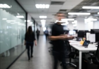 Fototapeta premium Blurred view of people walking in a modern office hallway, business concept