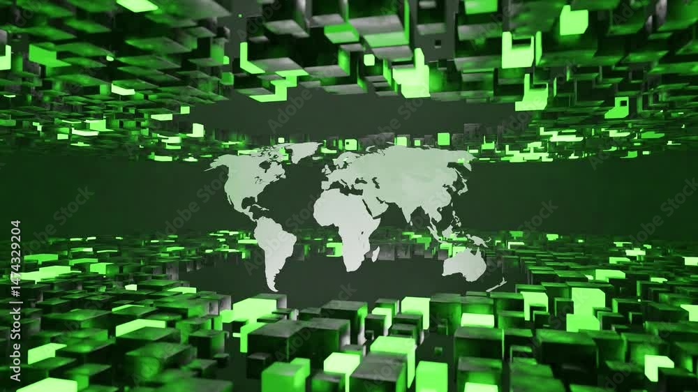 Poster digital world map surrounded by floating green and black 3d cubes in virtual space. futuristic abstr