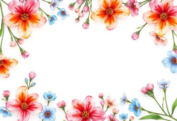 Fototapeta premium Delicate watercolor floral border; pink, orange, blue blossoms on white , watercolor flowers, wedding