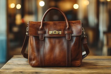 A brown leather handbag resting on a wooden surface