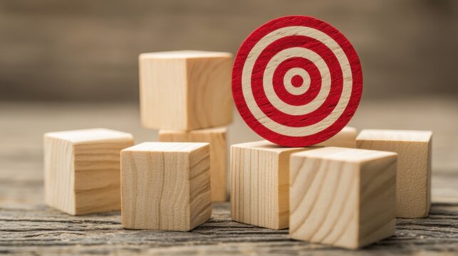 Positioned on a wooden block illustrating outcome focus and refocusing attention on results in visual concept
