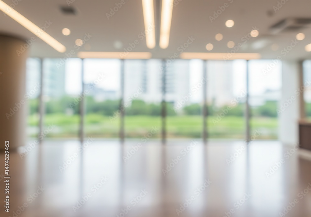 Poster blurred empty room with large windows and view of greenery outside