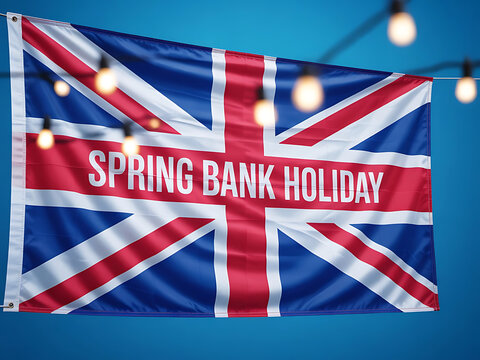 Spring bank holiday banner union jack flag celebrating uk holiday with hanging lights
