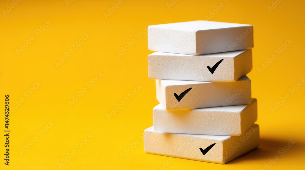 Poster stack of white cubes with a black tick mark symbolizing the concept of clarifying blockers to identi