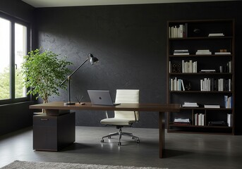 Modern home office setup with desk, laptop, chair, bookshelf and plant