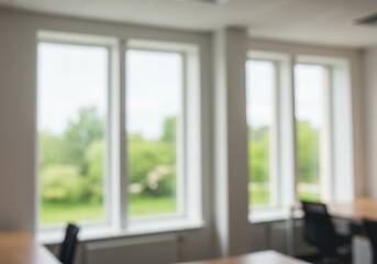 Fototapeta premium Blurred interior view of office space with windows overlooking greenery