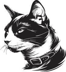 Cat head with collar in sharp black and white side profile illustration