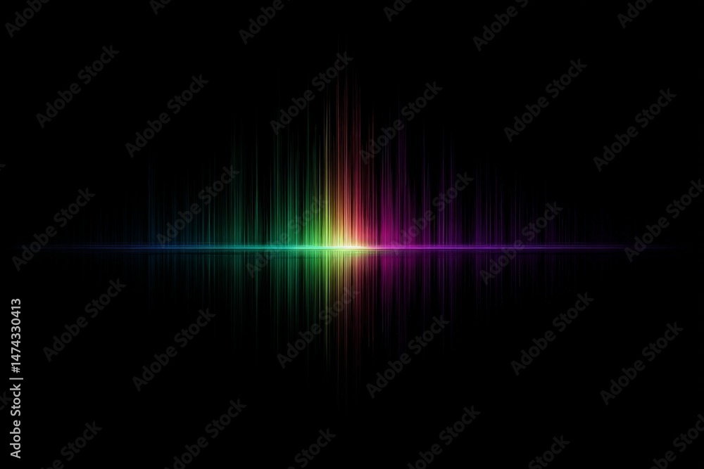 Poster colorful sound wave illustration representing audio frequencies in a dark background