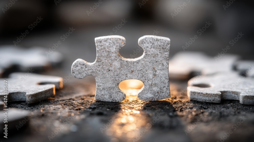 Poster a puzzle piece with a light shining on it illustrating the concept of closing gaps and connecting wh