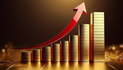 gold bar chart with red arrow representing financial growth and upward trend