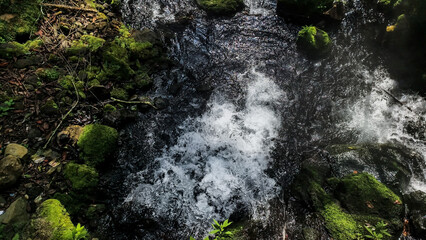 A serene stream cascading through mossy rocks creating a tranquil scene
