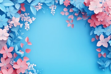 Floral Paper Art Composition on Light Blue Background; Pink and Blue Flowers and Leaves Frame Empty Space for Text