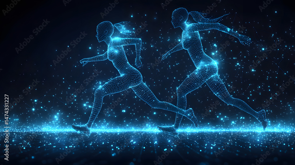 Poster dynamic digital art featuring wireframe women running, glowing in vibrant blue. a race against time,