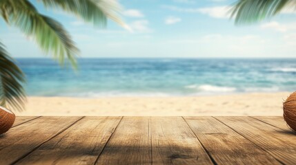 Fototapeta premium Tropical beach scene, wooden deck, coconuts