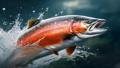 an exciting scene of salmon jumping out of the water struggling fiercely water splashing in all directions