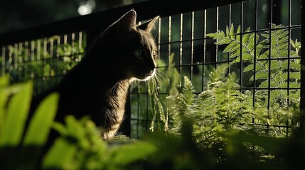 Silhouette of a cat observing greenery through a fence