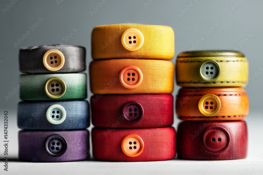 Poster colorful buttons arranged in a creative stack showcasing various fabrics and textures in a soft, wel
