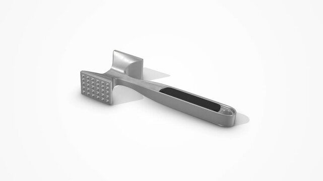 Meat Tenderizer on a White Floor. Metal Meat Tenderizer 3D Animation. 4K
