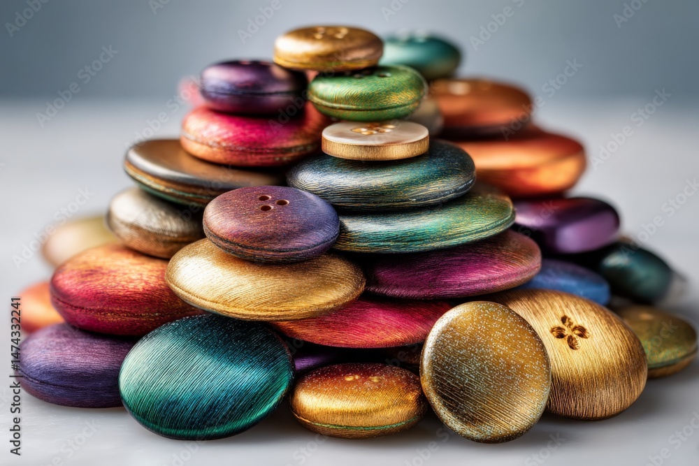 Poster colorful wooden buttons arranged in a pyramid shape on a smooth surface in a well-lit setting