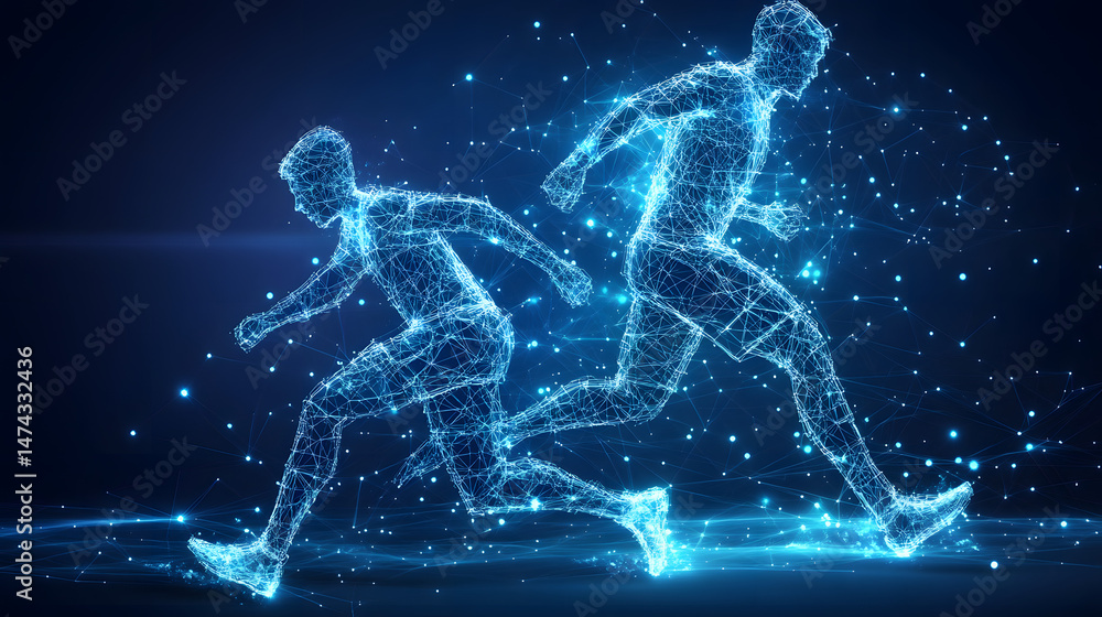 Poster Futuristic runners depicted as blue interconnected lines and nodes against a dark blue backdrop. Data representations racing. Abstract wireframe in dark blue.