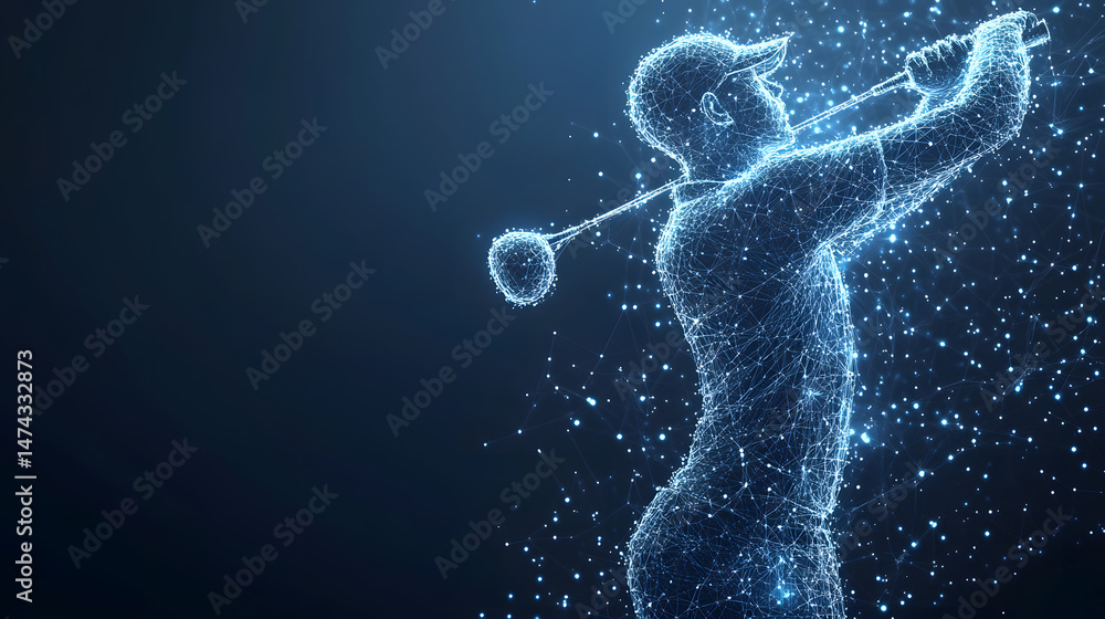 Aufkleber Futuristic golfer illustration capturing the intensity of the swing. A technological rendering creates an abstract yet dynamic composition, perfect for sports themes. Abstract wireframe in dark blue.