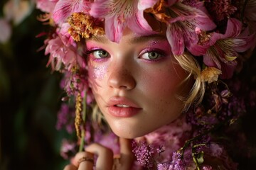 Naklejka premium Close-up portrait of a young woman adorned with floral crown and makeup.