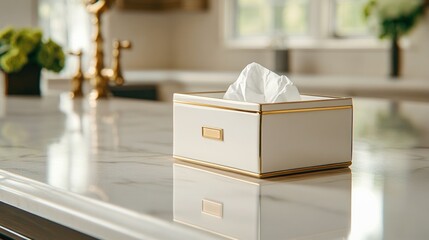 White tissue box on marble kitchen counter