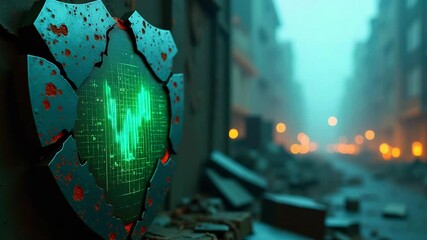 Futuristic shield with a glowing heartbeat graphic in a dystopian cityscape at dusk - Powered by Adobe