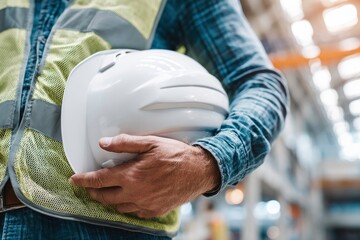 Hard Hat Held by Worker in Warehouse