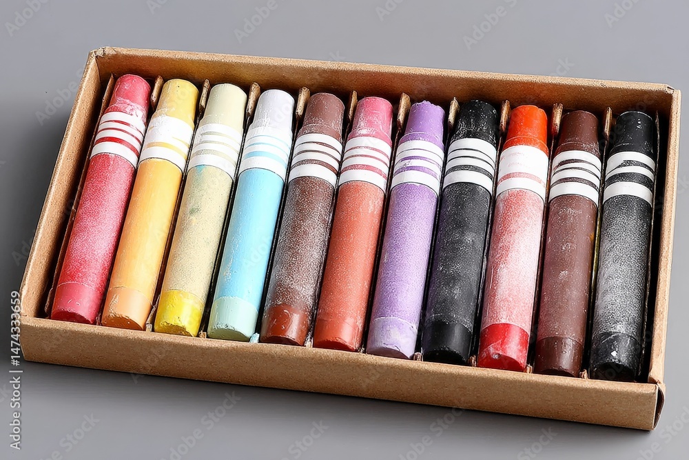 Aufkleber Collection of colorful chalk sticks arranged neatly in a box on a gray background showcasing creativity tools for art projects