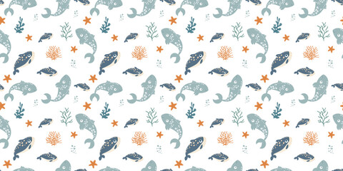 Seamless ocean pattern with cute cartoon fish, starfish, coral, and sea plants on a white background. Ideal for kids’ designs, fabric, and packaging