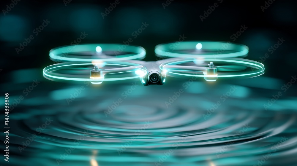 Poster floating drone camera lens blinking and projecting above water ripples in a futuristic setting